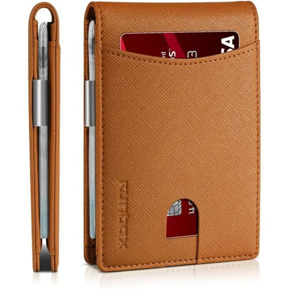 Slim Money Clip‎ Wallets Men RFID Blocking Card Holder Minimalist Leather Brown